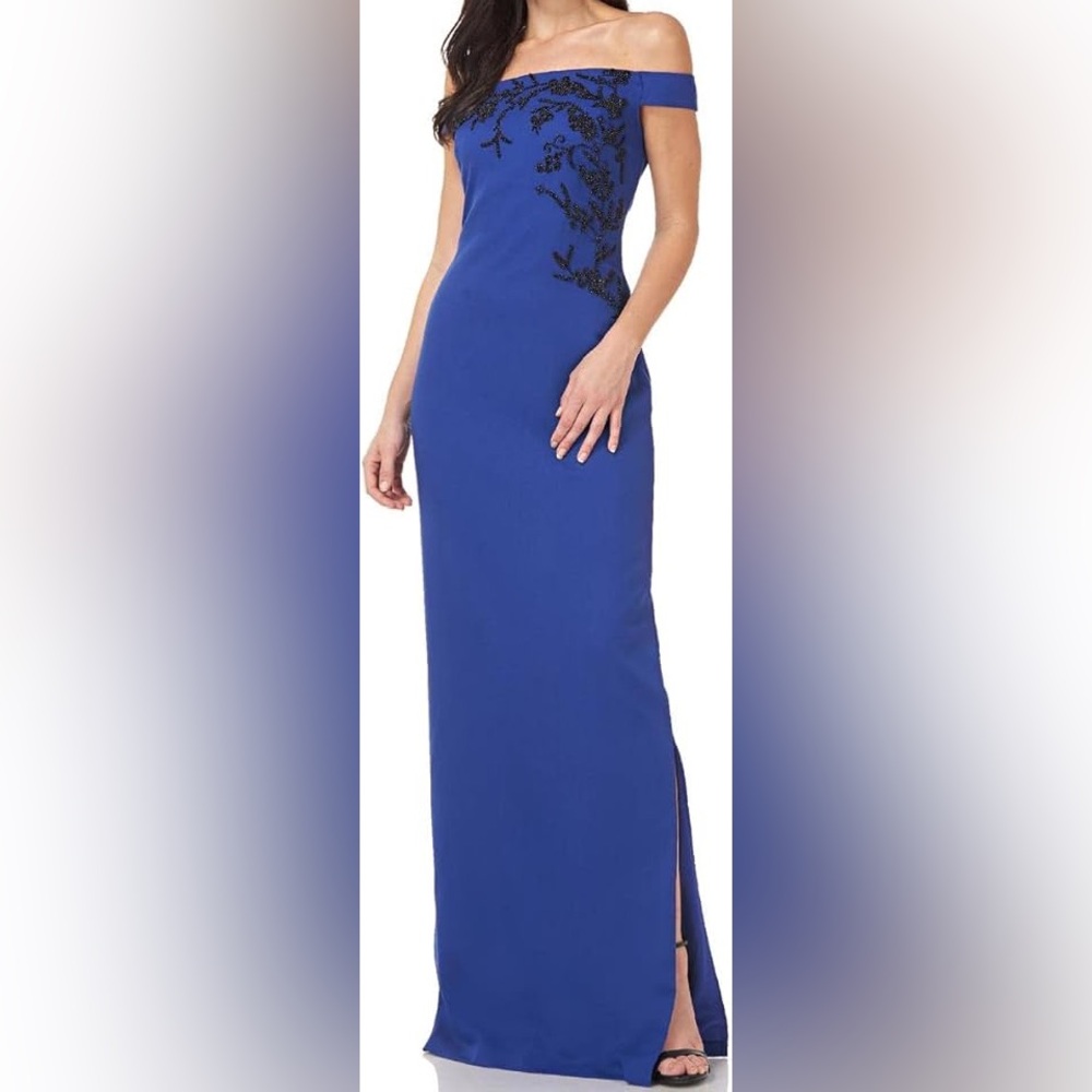 JS Collections Blue Beaded off the shoulder crepe column gown